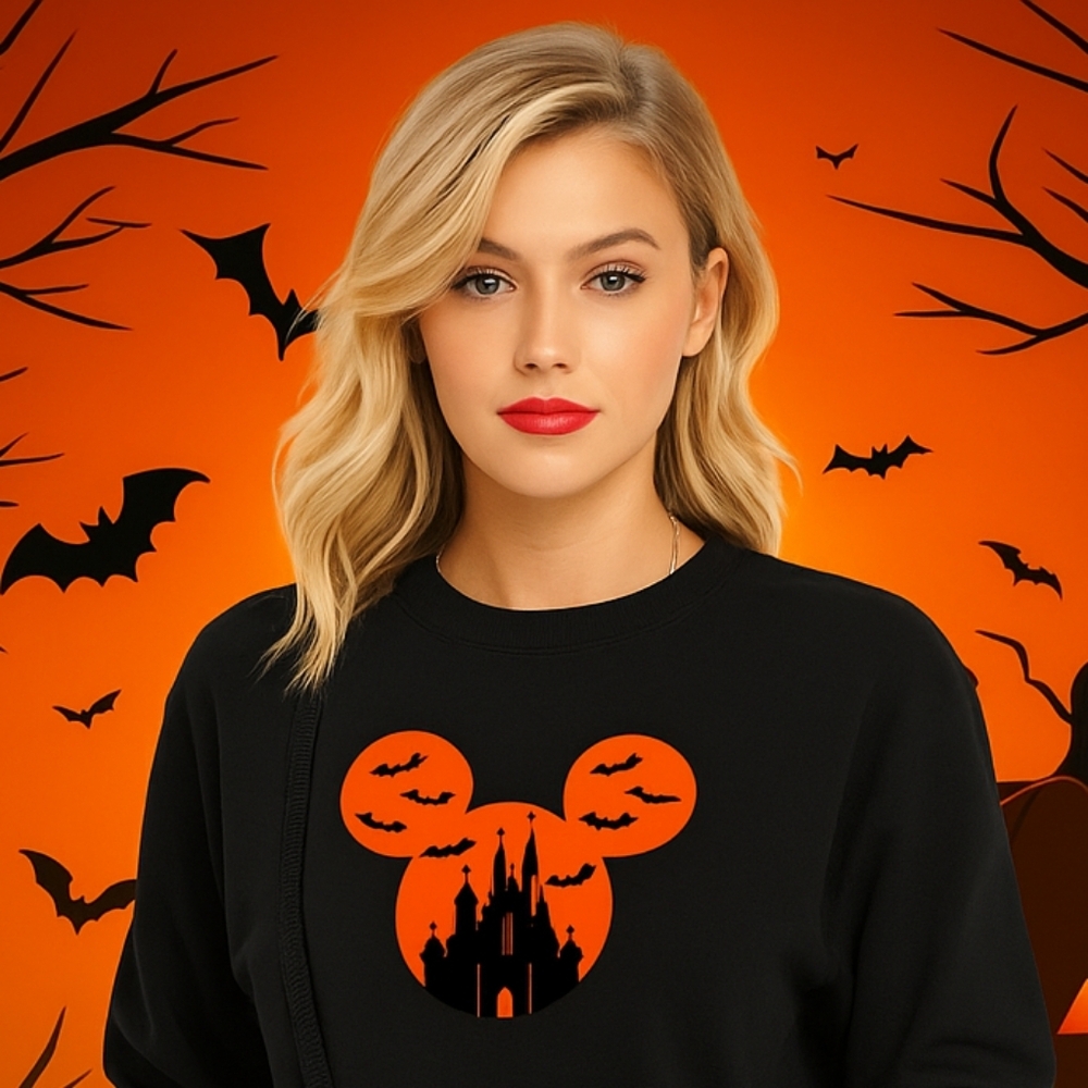 Handmade Halloween Mickey Ears Castle Sweatshirt Black Orange Size Small Iron-on - Picture 13 of 17